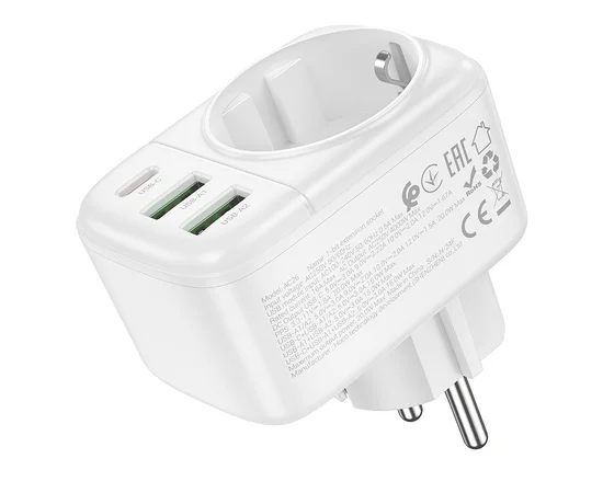 СЗУ Hoco AC26 Changer Outlet Extender 20W (2USB-A/1C/1Socket) White