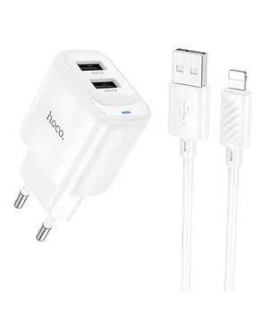 СЗУ Hoco C141A Smart 2.1A (2USB-A) + кабель USB to Lightning White