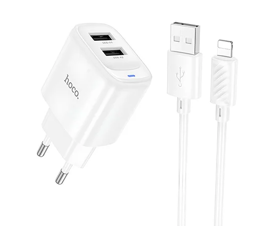 СЗУ Hoco C141A Smart 2.1A (2USB-A) + кабель USB to Lightning White