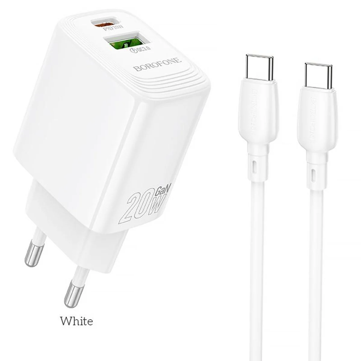 СЗУ Borofone BN27 Fuente PD20W+QC3.0 (1USB-A/1C) + кабель Type-C to Type-C White
