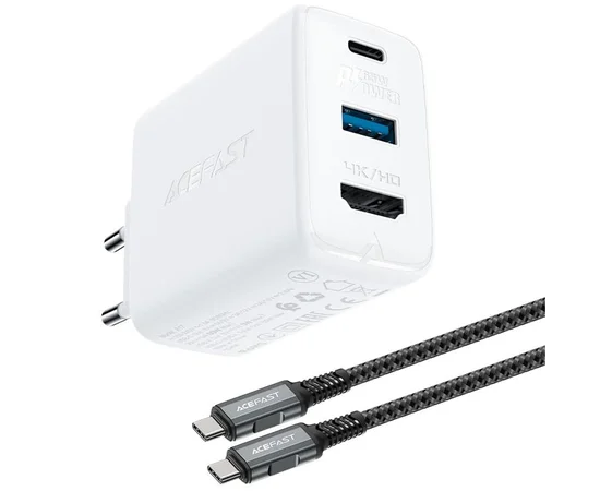 СЗУ Acefast A17 PD65W GaN (1USB-A/1C/1HDMI) + кабель Type-C to Type-C White
