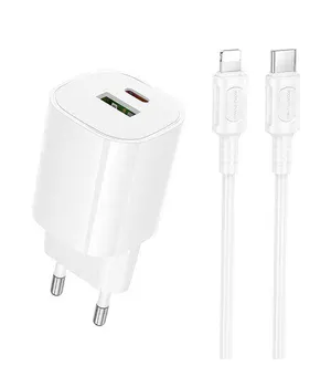 СЗУ Borofone BA104A Pudding PD20W+QC3.0 (1USB-A/1C) + кабель Type-C to Lightning White