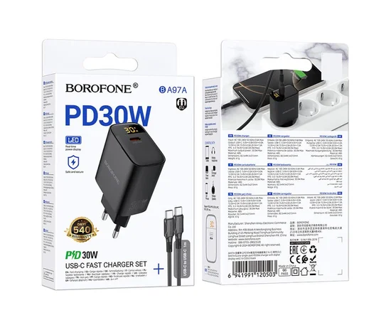 СЗУ Borofone BA97A PD30W (1USB-C) + кабель Type-C to Type-C Black