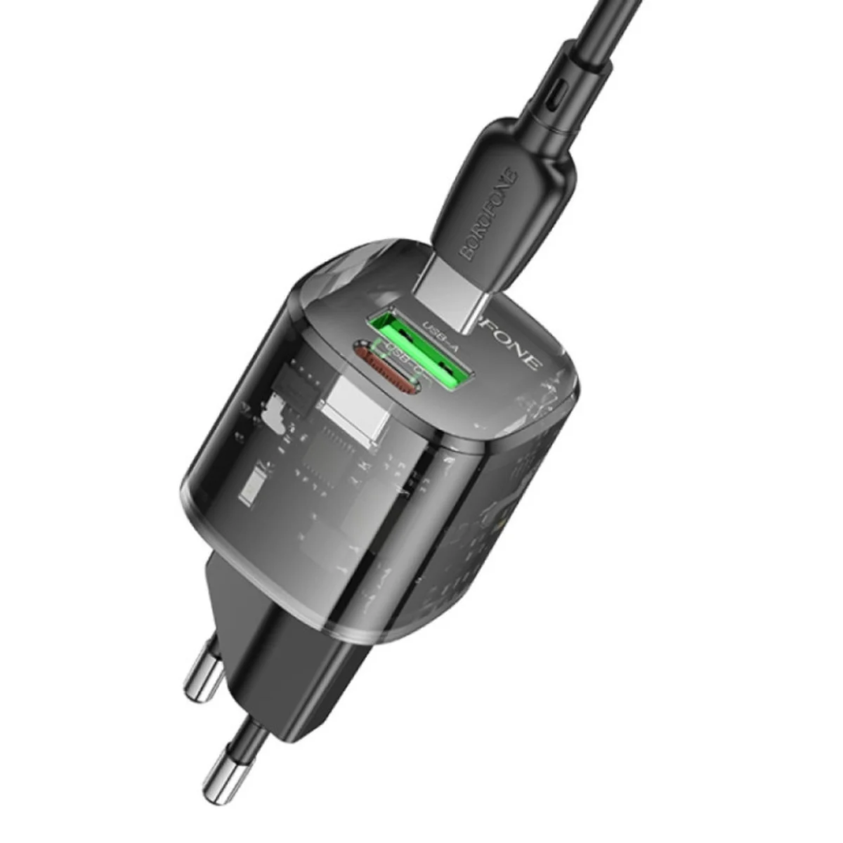 СЗУ Borofone BN17 Sunlight PD20W+QC3.0 (1USB-A/1C) + кабель Type-C to Type-C Transparent black