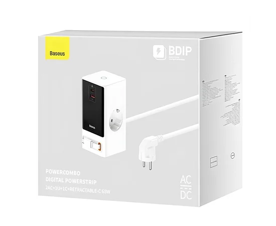 СЗУ Baseus OS PowerCombo Digital PowerStrip+Retractable-C 65W (1USB-A/1C/2Socket) (1.5m) (PSLR000) Glacier White