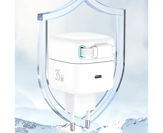 СЗУ Usams US-CC209 GaN With Lightning Magnetic Retractable Cable Module XMF Ser. 35W (2USB-C) White