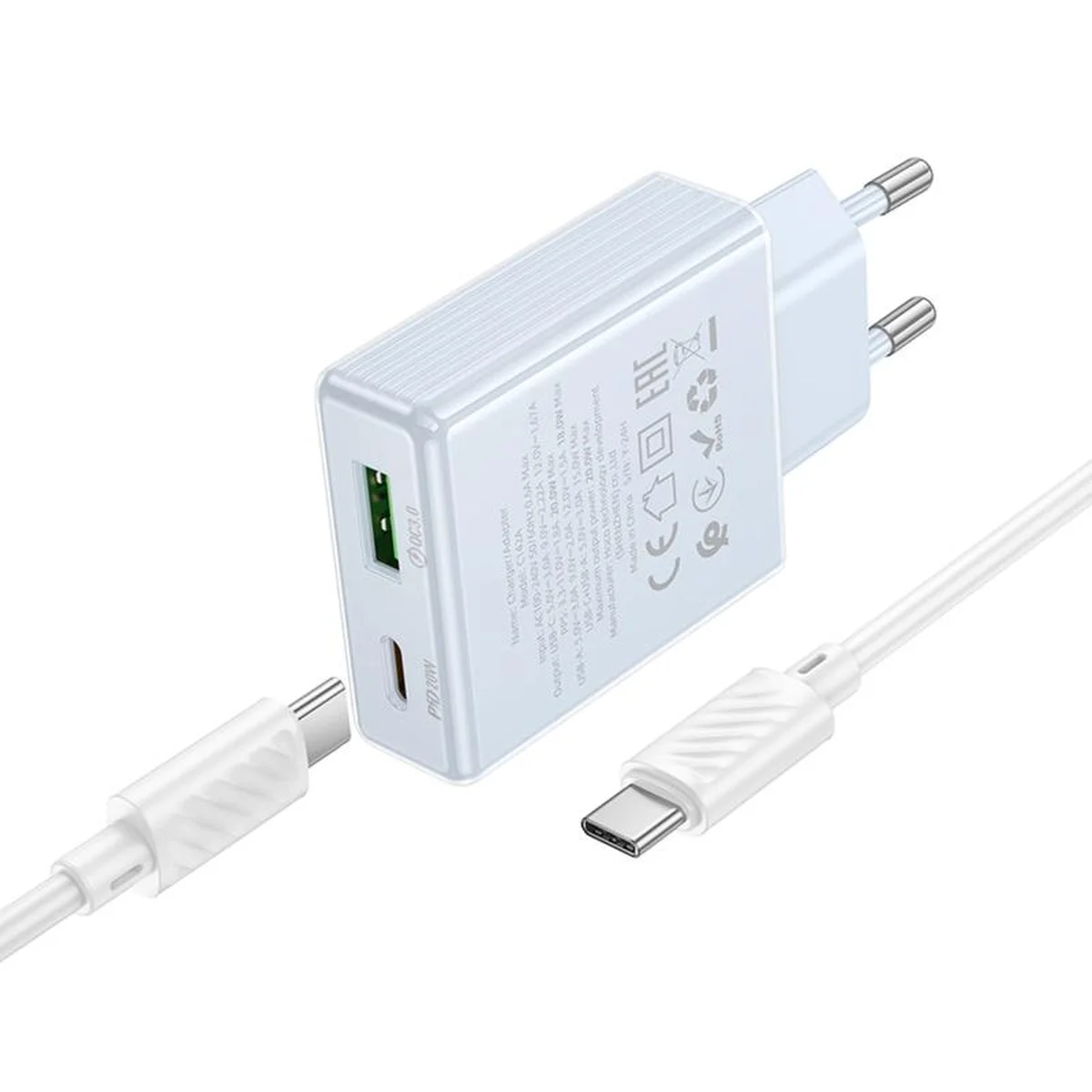 СЗУ Hoco C142A Direct PD20W+QC3.0 (1USB-A/1C) + кабель Type-C to Type-C Blue