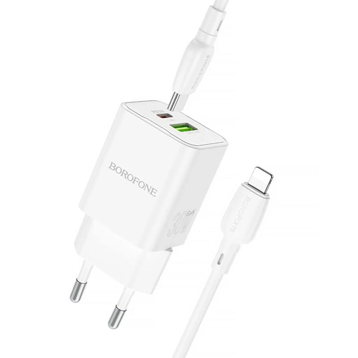 СЗУ Borofone BN14 Royal PD30W+QC3.0 (1USB-A/1C) + кабель Type-C to Lightning White