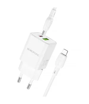 СЗУ Borofone BN14 Royal PD30W+QC3.0 (1USB-A/1C) + кабель Type-C to Lightning White