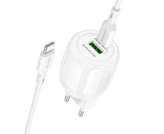 СЗУ Borofone BA93A Lustrous PD20W+QC3.0 (1USB-A/1C) + кабель Type-C to Type-C White