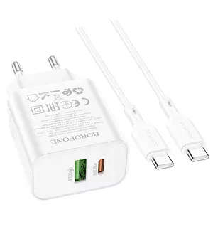 СЗУ Borofone BA88A Navy PD20W+QC3.0 (1USB-A/1C) + кабель Type-C to Type-C White