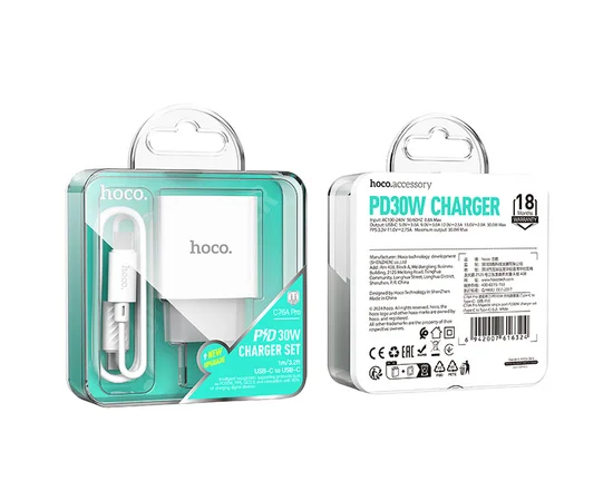 СЗУ Hoco C76A Pro Majestic PD30W (1C) + Type-C to Type-C White