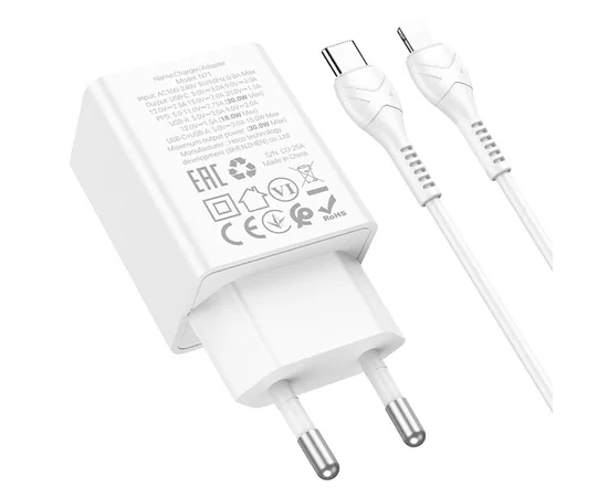 СЗУ Hoco N71 Nuevo PD30W+QC3.0 (1USB-A/1C) + кабель Type-C to Lightning White