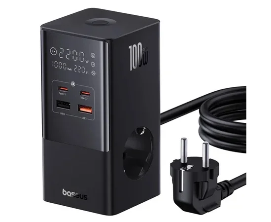 СЗУ Baseus PowerCombo Tower PowerStrip 100W (2USB-A/2C/2Socket) (1.5m) (E00023609113-00) Cluster Black
