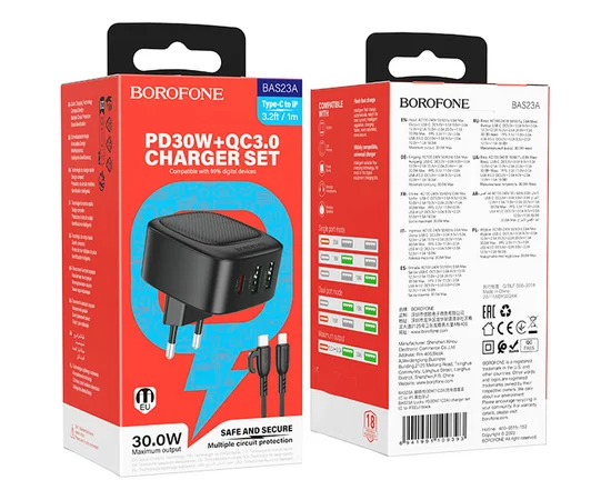 СЗУ Borofone BAS23A Lucky PD30W (1C2A) + Type-C to Lightning Black