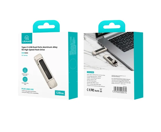 Флеш накопитель USAMS US-ZB274 USB3.2+Type-C GEN1 Dual Ports Aluminum Alloy 5G Flash Drive 128Gb Silver