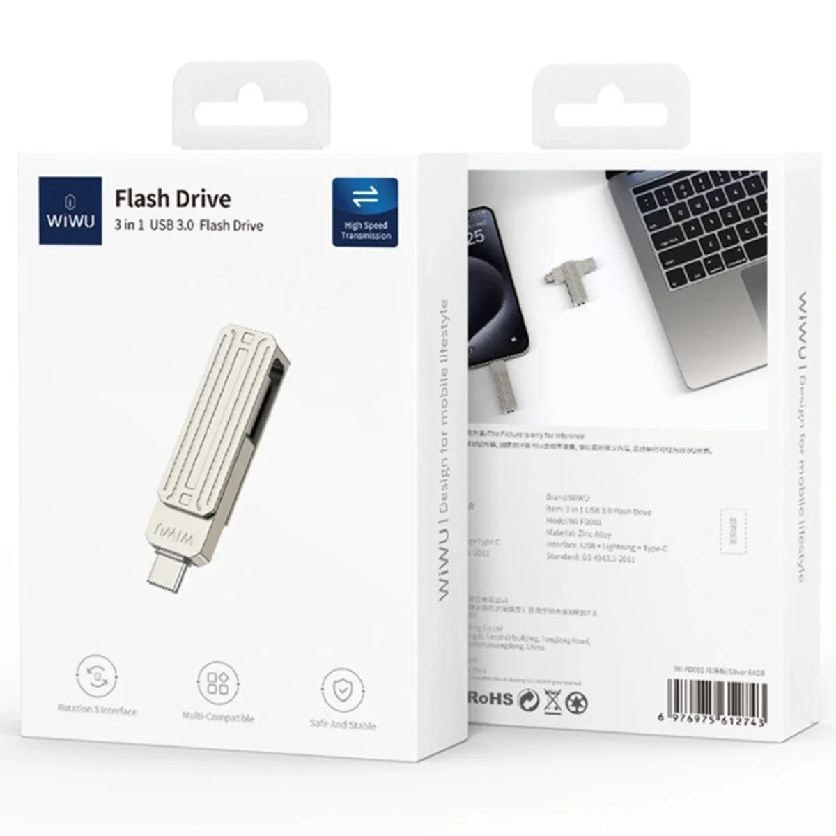 Флеш-драйв USB 3.0 Flash Drive WIWU Wi-FD001 3 in 1 32GB Silver