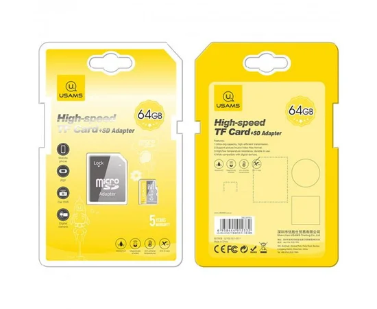 Карта памяти USAMS US-ZB119 TF High Speed Card 64 Gb + adapter Yellow