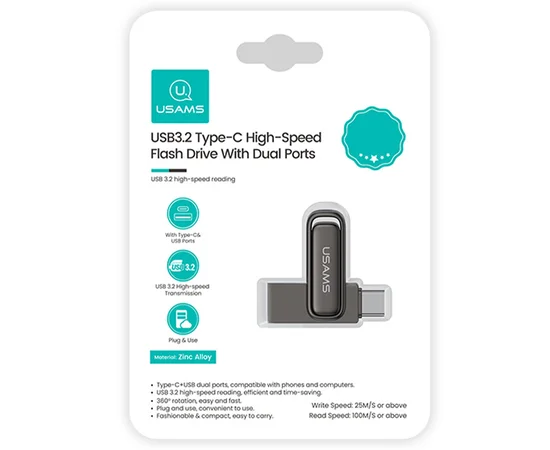 Флеш накопитель USAMS US-ZB346 USB3.2 Type-C High-Speed Flash Drive With Dual Ports 32Gb Tarnish