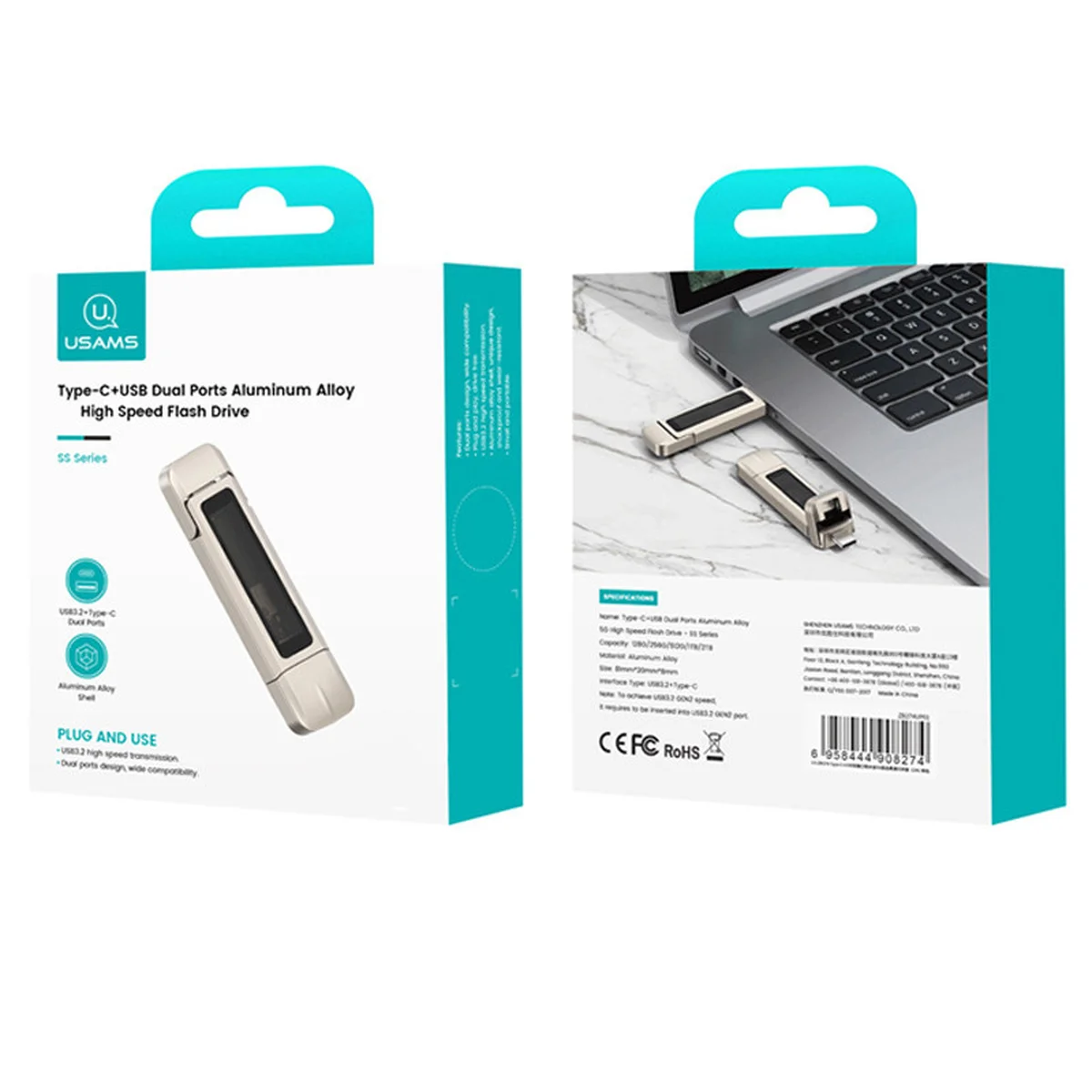 Флеш накопичувач USAMS US-ZB280 USB3.2+Type-C GEN1 Dual Ports Aluminum Alloy 10G Flash Drive 512Gb Silver