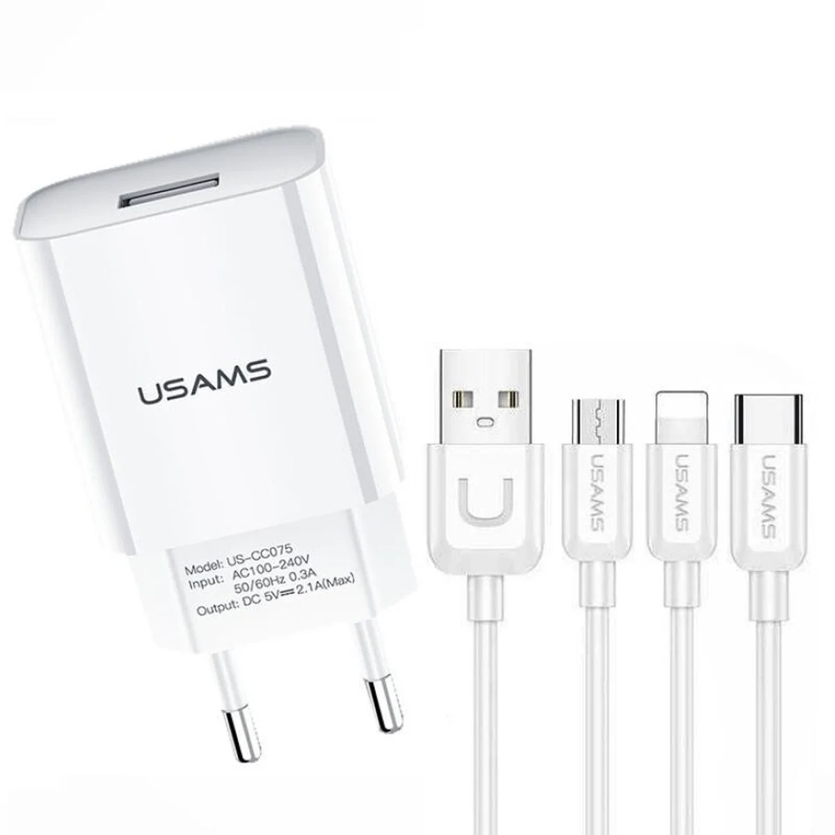СЗУ USAMS-LT T18 Single USB Travel Charger (EU) + 3IN1 Charging Cable-U Turn Series Білий