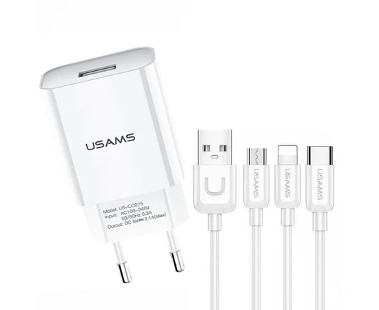 СЗУ USAMS-LT T18 Single USB Travel Charger (EU) +3IN1 Charging Cable-U Turn Series Белый