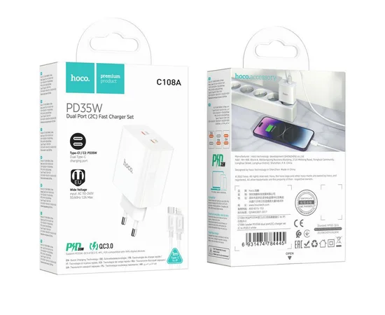 СЗУ Hoco C108A PD 35W (2 Type-C) + Type-C to Lightning White