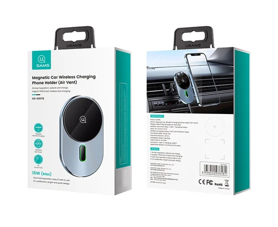 Автодержатель с БЗУ Usams US-CD170 15W Air Vent Grey