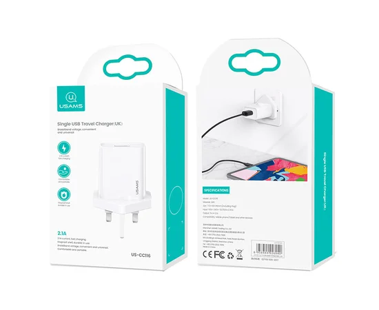 СЗУ USAMS US-CC116 T18 Single USB Travel Charger (UK Plug) Белый
