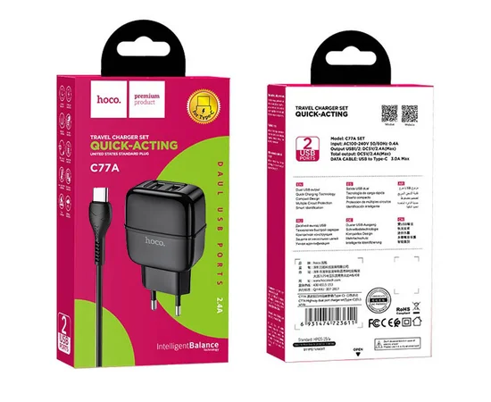 СЗУ Hoco C77A (2USB/2.4A) + Type-C Черный