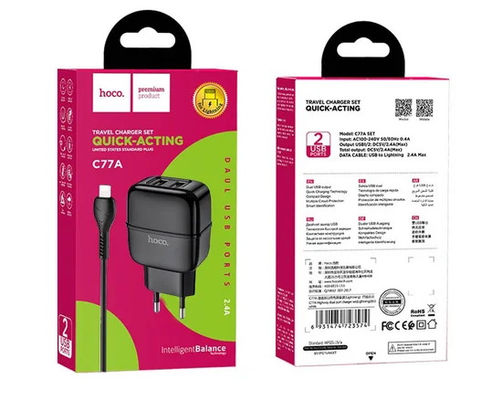 СЗУ Hoco C77A (2USB/2.4A) + Lightning Черный