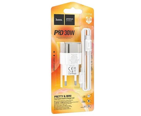 СЗУ Hoco C131A Platium PD30W+QC3.0 + Type-C to Type-C Transparent black