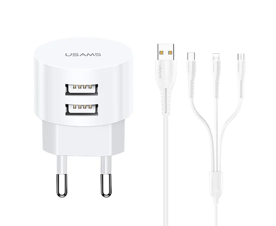 СЗУ USAMS T20 Dual USB Round Travel Charger (EU)+ U35 3IN1 Charging Cable Белый