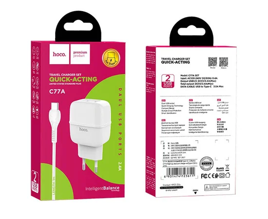 СЗУ Hoco C77A (2USB/2.4A) + Type-C Белый