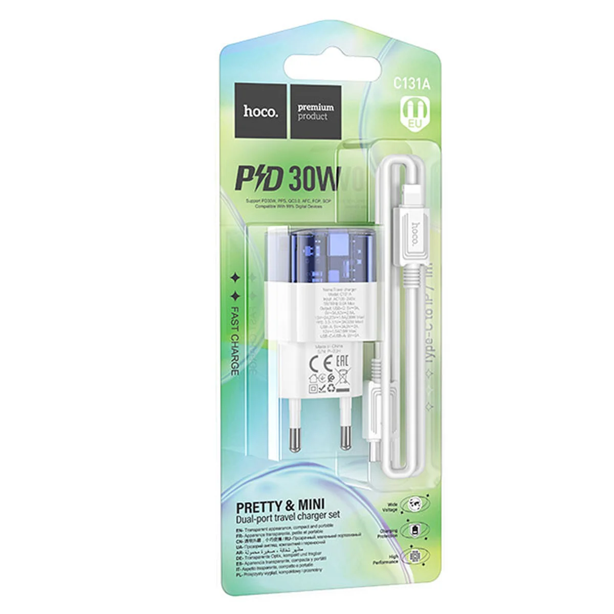 СЗУ Hoco C131A Platium PD30W+QC3.0 + Type-C to Lightning Transparent blue