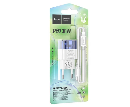 СЗУ Hoco C131A Platium PD30W+QC3.0 + Type-C to Lightning Transparent blue
