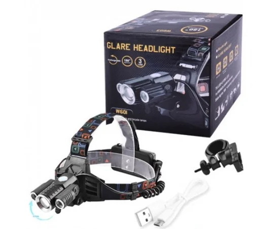 Фонарь с креплением на голову POLICE W602-T6+2XPE (4реж.) с велокр. (2х18650) Черный