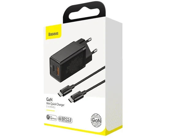 СЗУ Baseus GaN2 (2 Type-C/ 45W) + кабель Type-C to Type-C 65W Черный