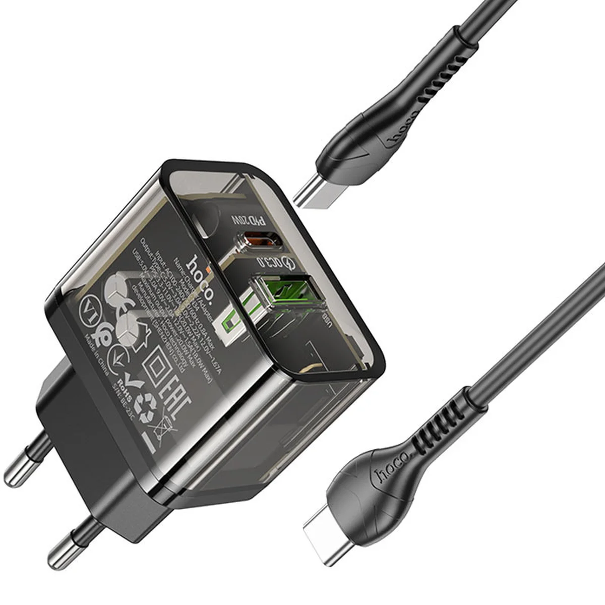 СЗУ Hoco N34 Dazzling PD20W+QC3.0 + Type-C to Type-C Transparent black