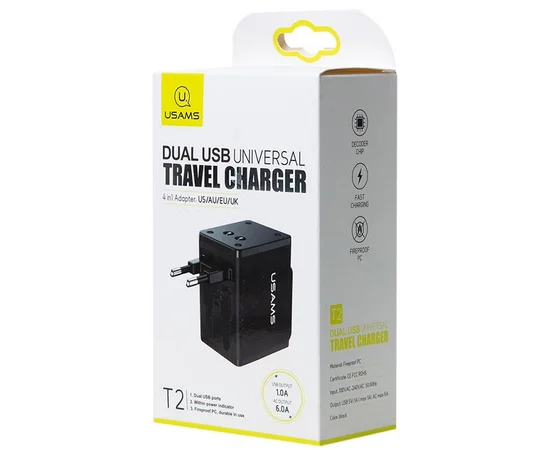 СЗУ Usams US-CC044 T2 4in1, разъёмы для US/AU/EU/UK Черный