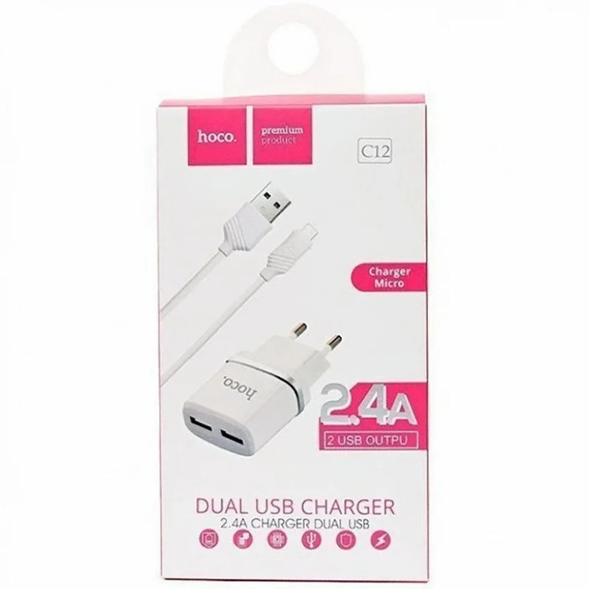 СЗУ Hoco C12 Charger + Cable (Micro) 2.4A 2USB Білий