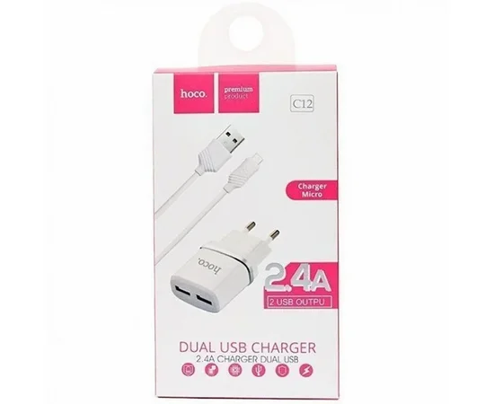 СЗУ Hoco C12 Charger + Cable (Micro) 2.4A 2USB Белый