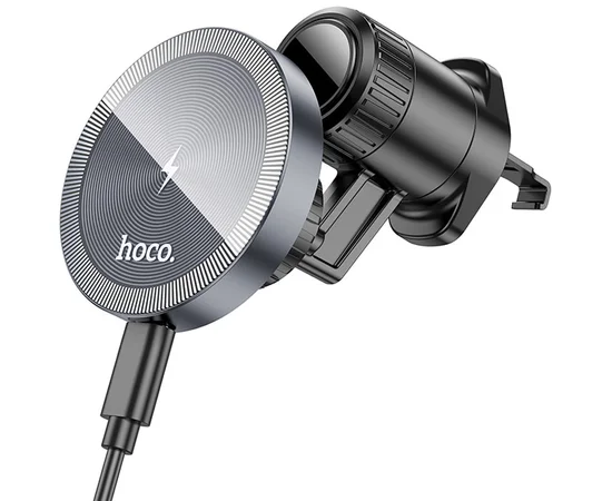 Автодержатель с БЗУ Hoco HW6 Vision metal magnetic (air outlet) Black / Metal gray