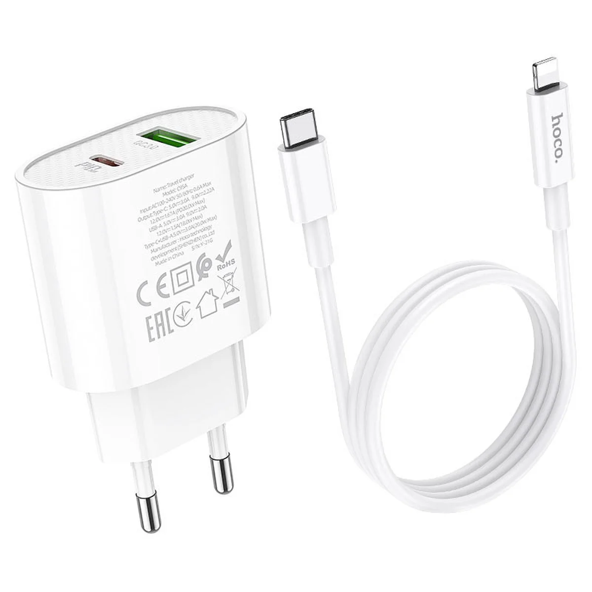 СЗУ HOCO C95A PD 20W+QC3.0 (1USB/Type-C/3A) + Type-C to Lightning White