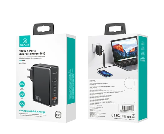 СЗУ Usams US-CC163 T50 100W 4 Ports ACCC GaN Fast Charger Black