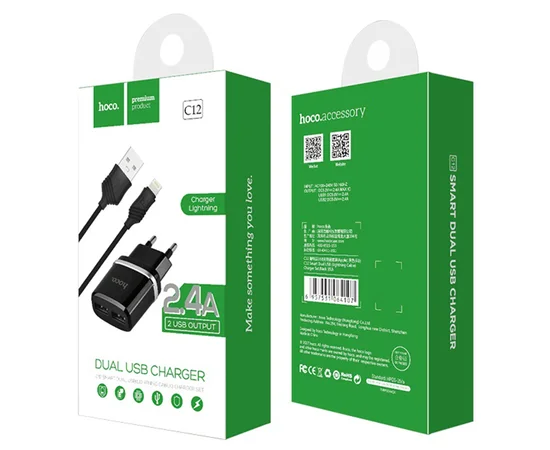 СЗУ Hoco C12 Dual USB Charger 2.1A (+кабель Lightning) Черный
