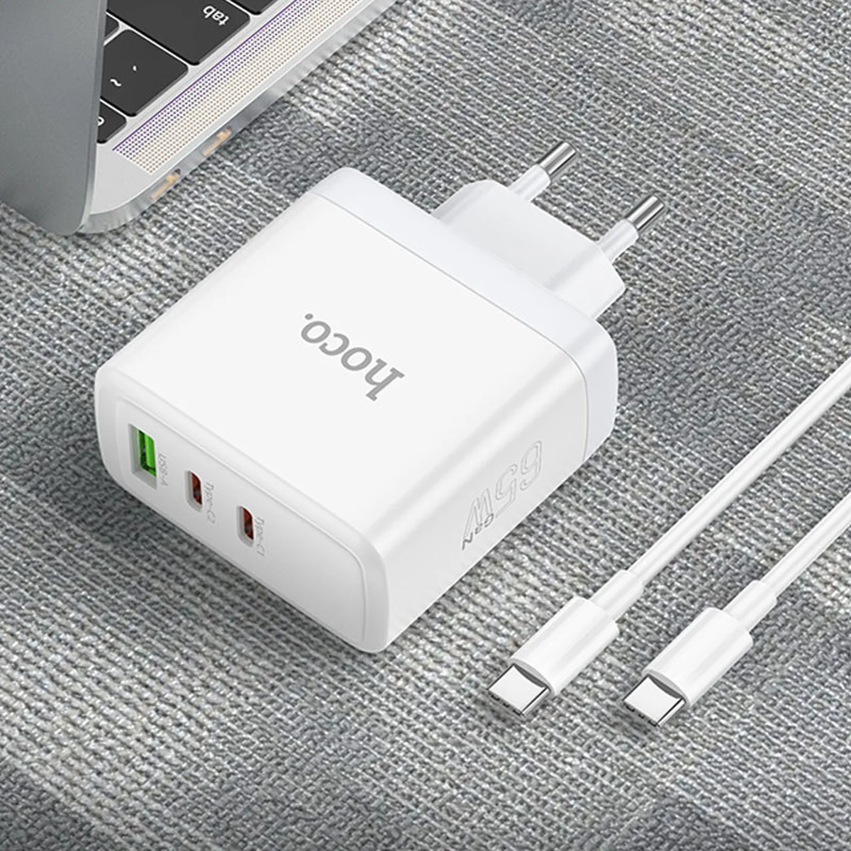 СЗУ Hoco N30 Glory PD65W (2Type-C/1USB) + Type-C to Type-C White