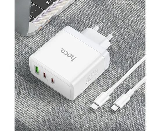 СЗУ Hoco N30 Glory PD65W (2Type-C/1USB) + Type-C to Type-C White
