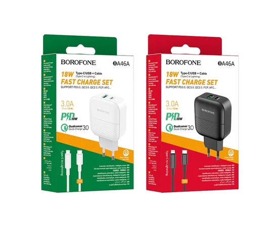 СЗУ Borofone BA46A PD 18W+QC3.0 (1USB/1Type-C/3A) + Type-C to Lightning Черный
