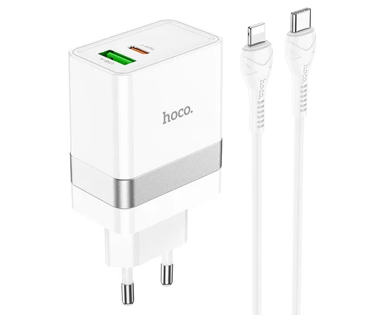 СЗУ Hoco N21 Topspeed PD30W+QC3.0 (1USB/1Type-C/3A) + Type-C to Lightning Белый